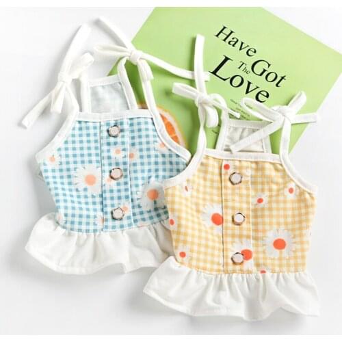 Fashion Small Fresh Blue Yellow Print Dogs Sling Dresses 2021 Summer Puppy Dog Skirts Clothing Chihuahua Teddy Pet Dog Clothes