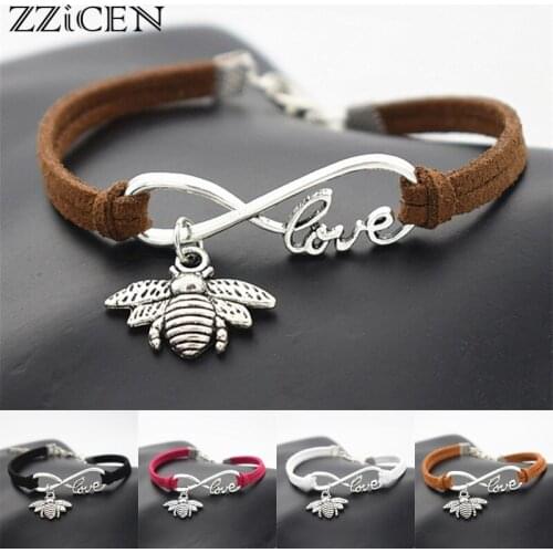 Fashion Hard-working Symbol Industrious Lover Antique Infinity Love Honeybee Cute Honey Bee Charm Gifts Leather Bracelets