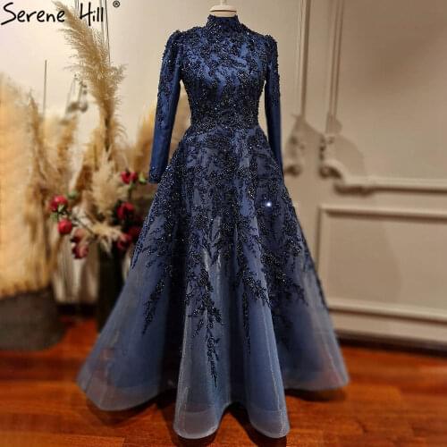 Muslim Navy Blue Evening Dresses Gowns 2021 Beading A-Line Luxury For Women Party BLA71098 Serene Hill