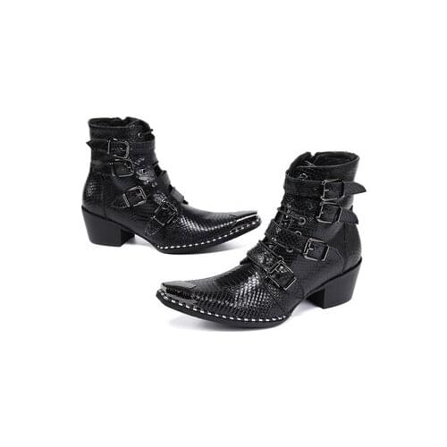 Mens Boots High Heels Studded Black Genuine Leather Military Ankle Boots Steel Toe Punk Dress Work Shoes With Spikes Men