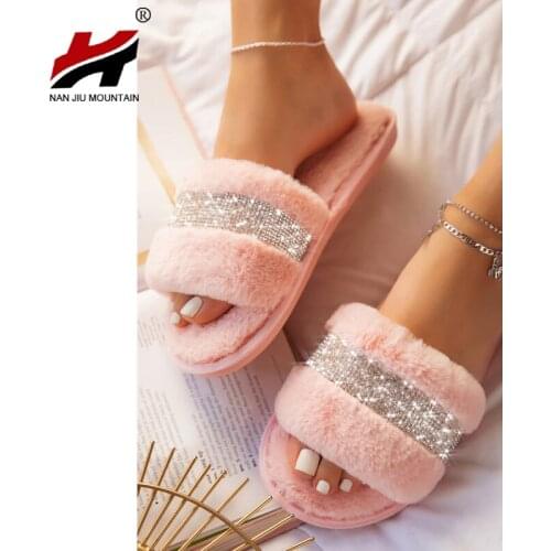 NAN JIU MOUNTAIN 2021 Woman Flat Slippers Fashion Rhinestone Plush Shoes Solid Color Comfortable Plus Size 43