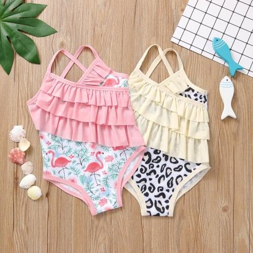 2021 newest arrival Girl’s Casual Suspender Swimsuit Fashion Leopard/Flamingo Printed Triangle Swimsuit for Summer