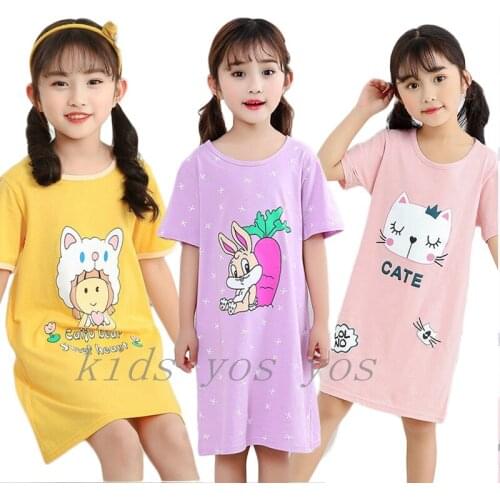 New Cute Pyjamas Kids Summer Nightgowns Girls Princess Night Dress 100% Cotton Nightdress Short Sleeves Childrens Home Clothing