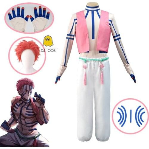 Anime Demon Slayer: Kimetsu no Yaiba Mugen Train Akaza Cosplay Costume Wig Pink Uniform Tattoo Stickers Gloves Halloween Party