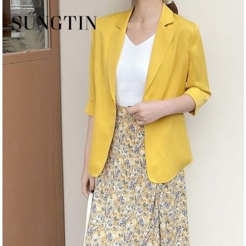 Sungtin OL Elegant Buttons Solid Thin Blazer Jacket Women Chic Korean Pocket Three Quarter Blazer Yellow Outwear Tops Mujer 2021
