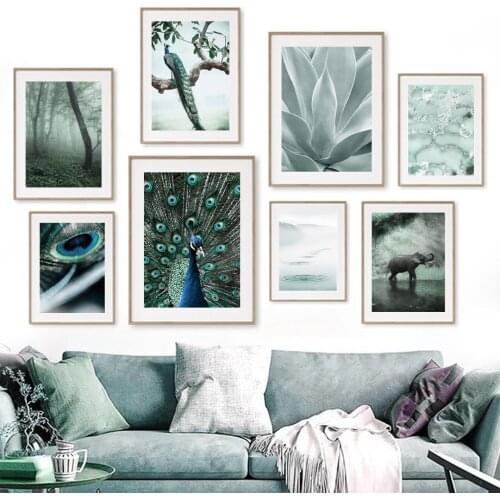 Elephant Peacock Feather Agave Fog Forest Wall Art Canvas Painting Nordic Posters And Prints Wall Pictures For Living Room Decor