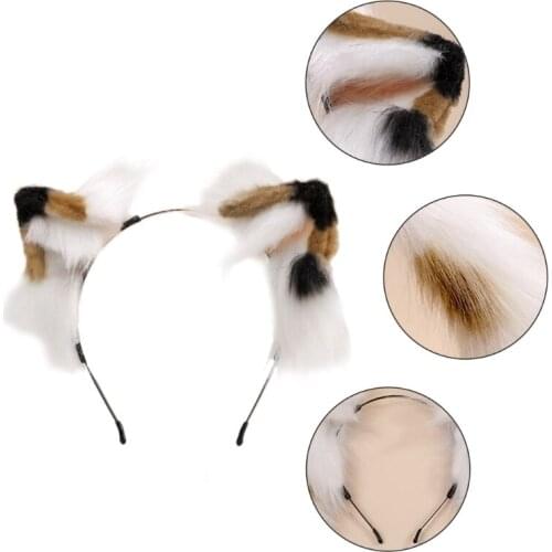 2Pcs Triple Color Plush Faux Fur Kitten Ears Headband Tail Set Christmas Halloween Party Festival Anime Cosplay Costume