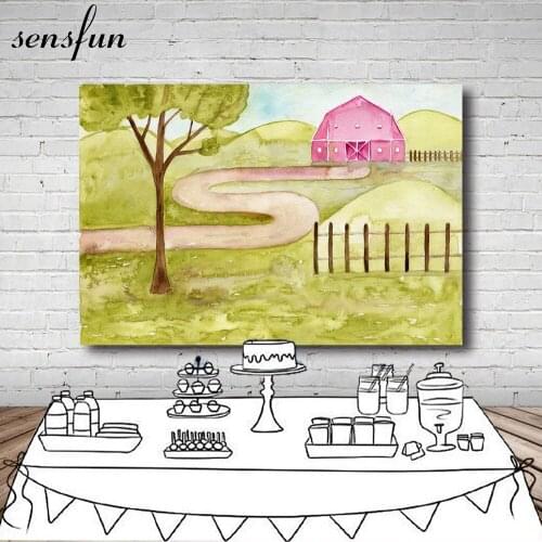 Sensfun Farm Theme Birthday Party Photography Backdrop 220x150cm Pink Farmhouse Tree Backgrounds Photo Both Vinyl