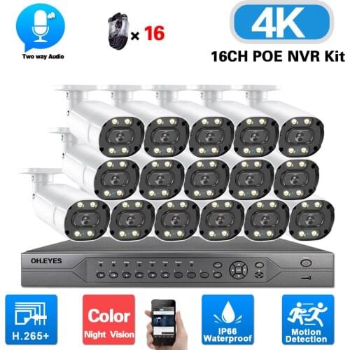 4K CCTV Camera System H.265 16CH POE NVR Kit Outdoor Waterproof Two Way Audio IP Bullet Camera Video Surveillance System Kit 8MP