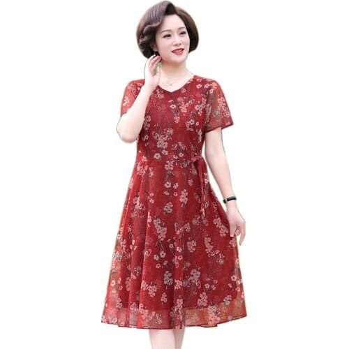 Middle-aged and elderly womens mid-length dress plus fat plus size middle-aged mothers over-the-knee dress western style short