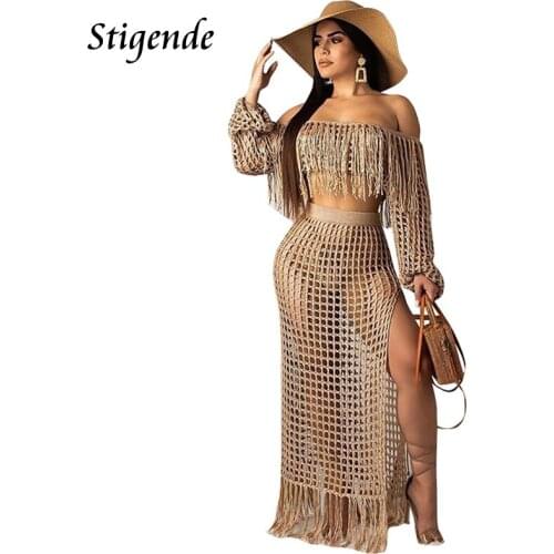 Stigende Long Sleeve Crochet 2 Piece Cover Up Set Women Hollow Out Beach Swimwear Off Shoulder Tassel Crop Top and Split Skirt