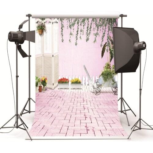 Pink Wall Brick Floor Tree Flowers Customized Vinyl Cloth Photography Backdrop Computer Printing Backgrounds for Photo Studio