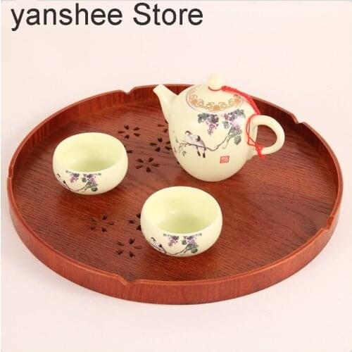 Japanese natural cherry round tea tray, fruit container, storage tray, log kitchenware