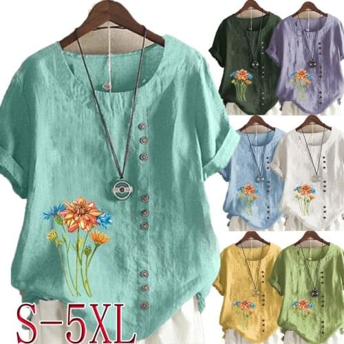 New Womens Fashion Linen Shirt Round Neck Short Sleeve Floral Print T-shirt Summer Ladies Casual Plus Size Top