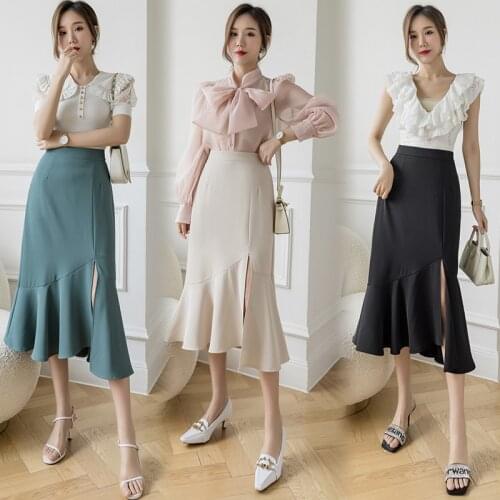 2021 New Elastic High Waist Asymmetrical Long Chiffon Fishtail Skirt Women Summer Ruffle Elegant Mermaid Jupe
