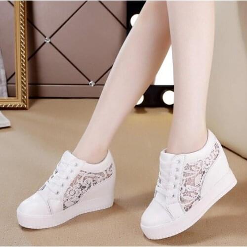 2021Fashion Wedge Women Footwear Increasing Height Shoes Hollow Out Casual Sneakers White Black Lace-Up Breathable Zapatos Mujer
