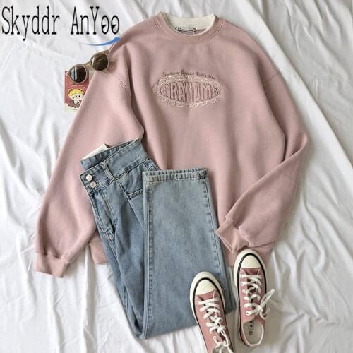 Womens Plus Velvet Fake Two-piece Kpop Sweatshirt Letter Embroidery Pink Oversized Hoodie Winter Harajuku Hoodie Woman Clothes