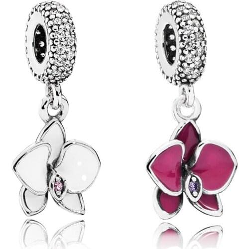 Authentic 925 Sterling Silver Bead Red White Orchid Pendant Charm Fit Fashion Women Pandora Bracelet Bangle Gift DIY Jewelry