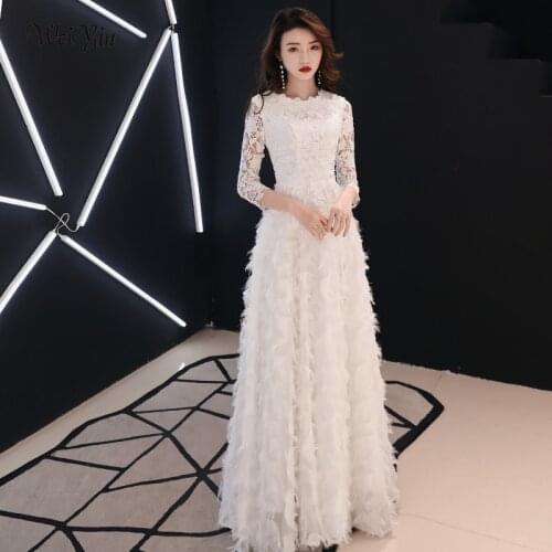 Wei yin White Feather Evening Dresses Long 2021 O-neck A-line Floor-Length Lace Long Sleeve Evening Dresses Flow Women WY1714