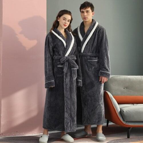 Winter Flannel Nightwear Women Solid Bathrobe Sleepwear Lovers Lengthen Thicken Kimono Robe Nightwear Coral Fleece Home Clothing