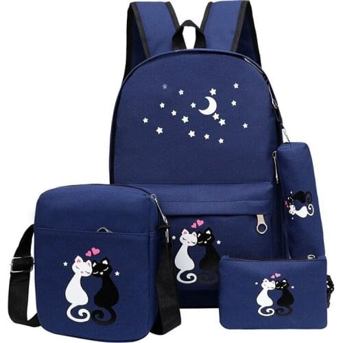 4pcs/set Women Backpack Cat Printing Canvas School Bags For Teenager Girls Preppy Style Rucksack Kids Book Bag Mochila Feminina