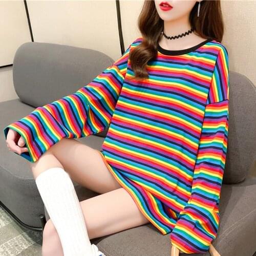 40# Women Rainbow T-shirts Tops Contrast Color Striped Top Long Sleeve Loose T-shirt Tee Femme Streetwear Round Neck T-shirt