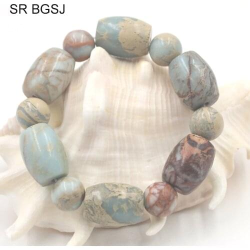 Free Shipping Select the Size Vintage Natural Round&Olivary Shoushan Semi Precious Stone Beads Bracelet