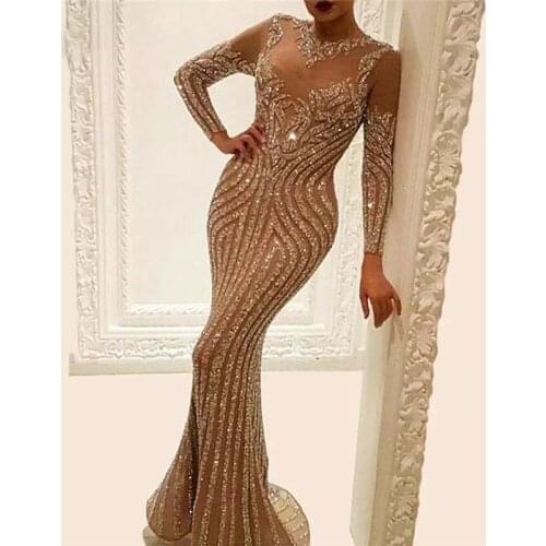 Sparkly Evening Dresses Long Sleeve 2021 Sexy Silver Beaded Sequin African Women Formal Party Gowns