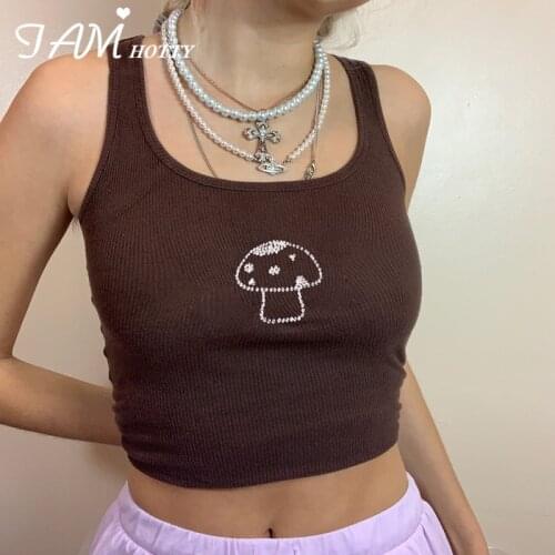 Glitter Rhinestones Printed Brown Kawaii Casual y2k Tank Top Women Bustier Sleeveless Summer Retro Camisole Corset Tops Iamhotty