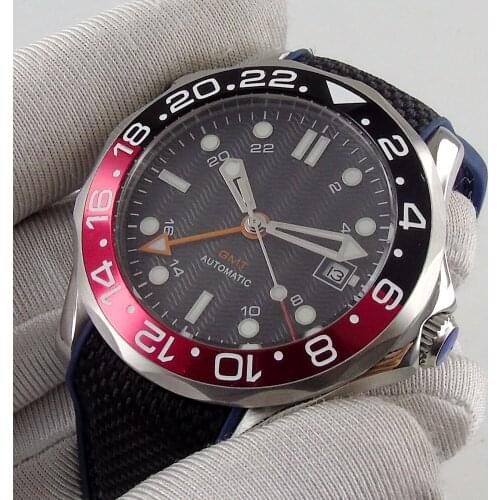 41mm Sterile Dial GMT Date Self Winding Mens Watch Automatic Movement Sapphire Glass Rubber Strap Date Window