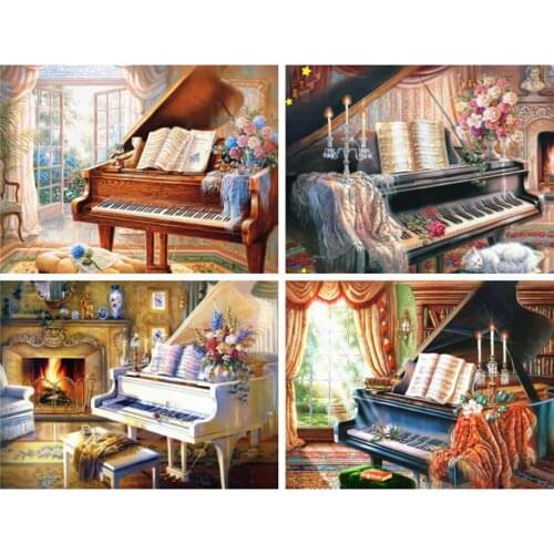 KAMY YI Boutique Piano Music Cartoon Cat Playing Diamond Painting Cross Stitch DIY Embroidery Mosaic European Decoration