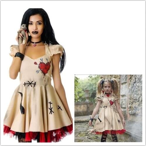 Halloween Costume Girls Women Cosplay Dress Voodoo Doll Costumes for Adults & Child Christmas Medieval Fancy Dress Ball S-3XL