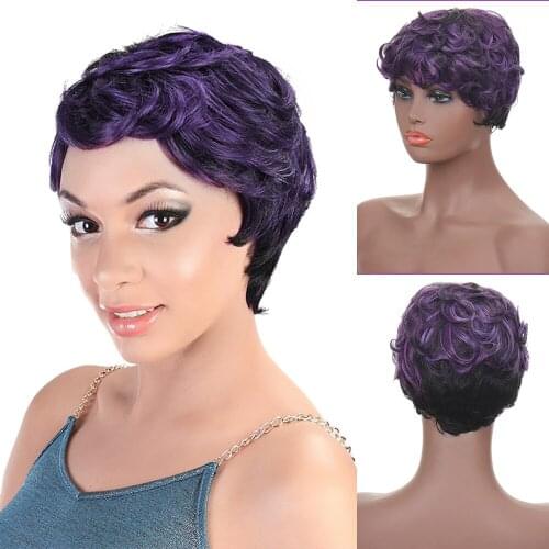 LVHAN Short Pixie Cut Synthetic Curly Purple Transition Black Wigs Natural Hair Wigs Heat Resistant Hair Wig for Black Women