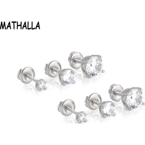 MATHALLA Cute Single Stone Simple 925 Earring Women Girls 3mm 5mm 7mm White Gold Round Zirconia 925 Sterling Silver Earring Stud