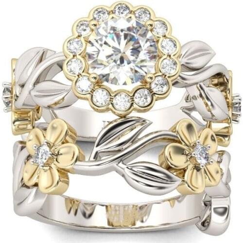 Milangirl 2 Pcs/Set Elegant Two-tone Flower Floral Leaves Inlaid Crystal Rhinestone Zircon Metal Ring for Women Party Jewelry