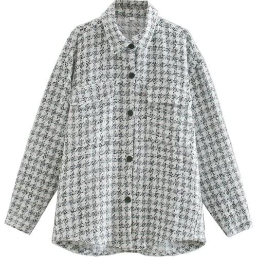 Vogue Women Fashion Plaid Hm Autumn White Long Outwear Oversize Female Casual Long Sleeve Double Pockets Loose Jackets Chic