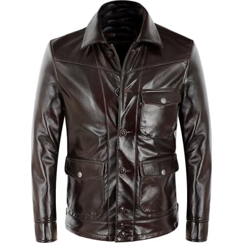 Mens Genuine Oil Wax Top Layer Cowhide Leather Jacket Short Slim fit Motorcycle Suit Leather Jacket Autumn Large Size XL XXL