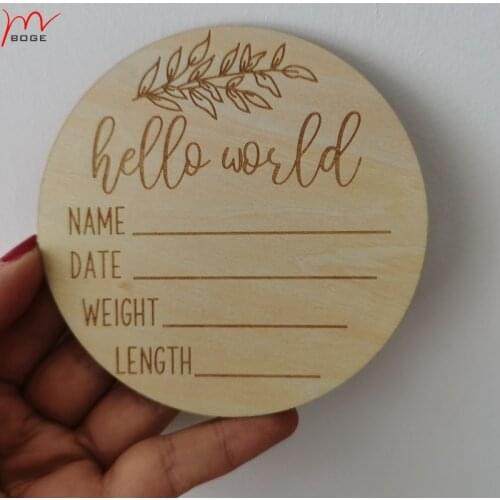 Set of 20pcsHello World Birth Announcement Sign Modern Wood Engraved Round Plaque Baby Milestones Card