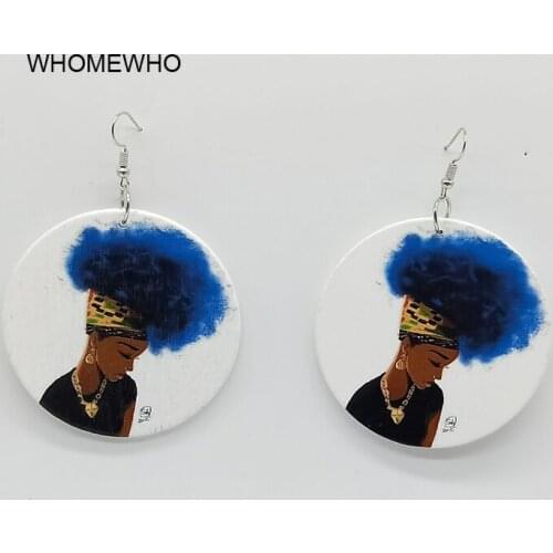 Unfinished Wood Printing Africa Women Round Drop Earrings Modern Girl Wooden Fashion African Hiphop Ethnic Tribal DIY Jewelry