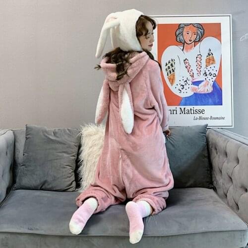 New Korean Thickened Kawaii Cute Winter Loose Lazy Pajamas Girl Plush Rabbit Ears Pink Siamese Home Service Winter Pajamas Set