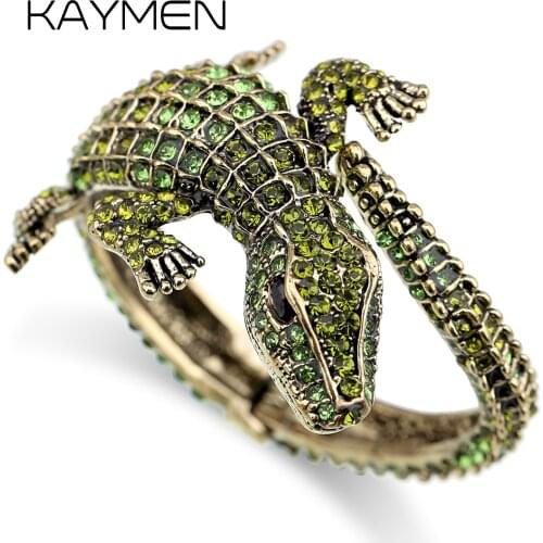 New Fashion Animal Style Vintage Crocodile Bangle Bracelet Antique Golden Plated Full Rhinestones Cuff Bangle Jewelry 4 Colors