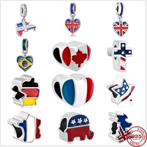New 925 Sterling Silver France Brazil Dominican flag Dangle Charm Beads Fit Original Pandora Charms Braceler DIY Jewelry Gifts
