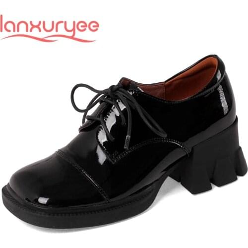 Lanxuryee new limited customization cow patent leather cross-tied square toe thick high heel lace up black color women pumps L77