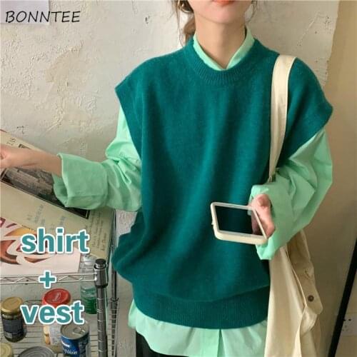 Autumn Sets Women Retro BF Style Chic Simple Daily Harajuku Teens Outfits Basic Shirts Vintage Loose Soft Sleeveless Knitwear