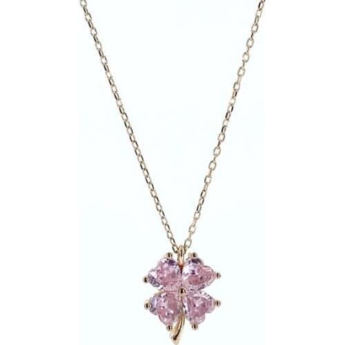 Pink Quartz Stone Silver Clover Necklace