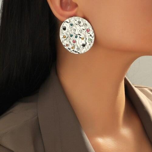 Personality Simple Fashion Big Round Wave Pattern Crystal Rhinestone Exaggerated Stud Earrings for Women Party Jewelry