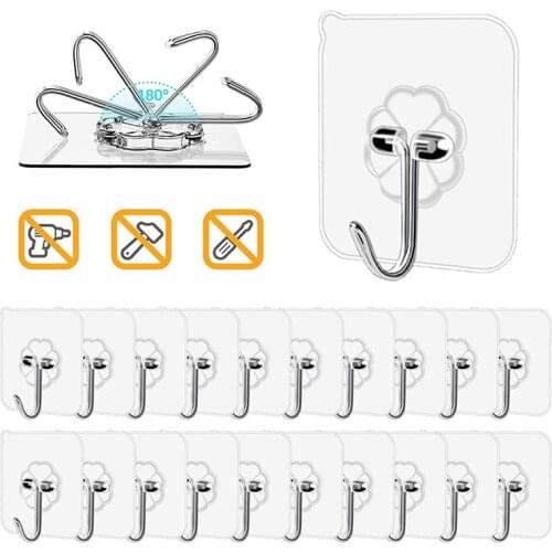 20Pcs Transparent Wall Hooks Heavy Load Strong Self Adhesive Hook Waterproof Reusable Seamless Hanger Hook For Kitchen Bathroom