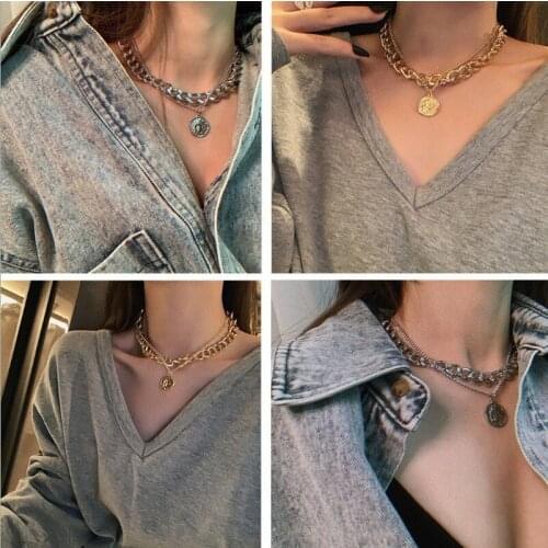 Retro Portrait Pendant Necklace Exaggerated Thick Neck Chain HipHop Punk Short Clavicle Chain Choker Jewelry Necklaces for Women