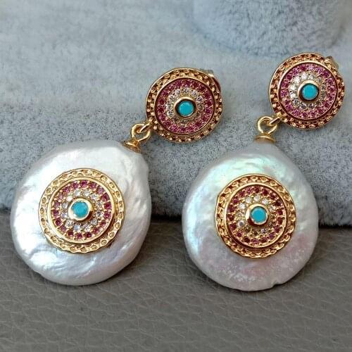 Natural White Coin Freshwater Pearl gold color plated Cubic Zirconia mirco pave Stud Earrings Luxury Handmade Jewelry