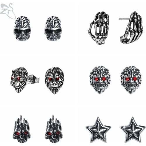 ZS 6 Style 316L Stainless Steel Skull Punk Studs Earrings for Men 3D Star Rock Roll Ear Studs Boys' Hip Pop Ear Piercing Jewelry